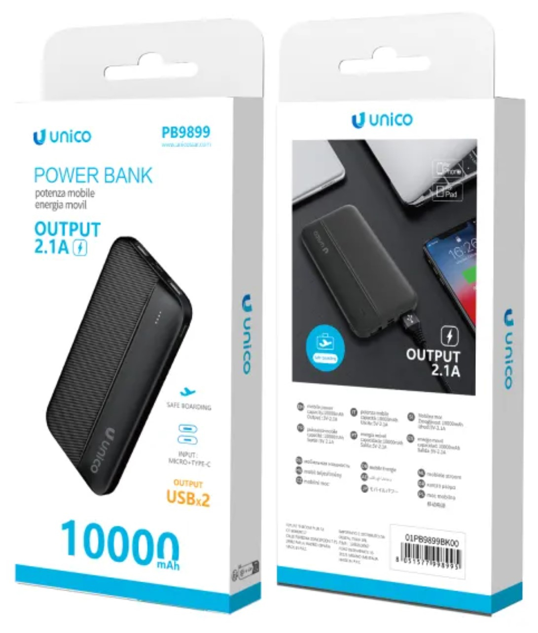 Confezione di un power bank nero da 10000 mAh con grafiche e specifiche.