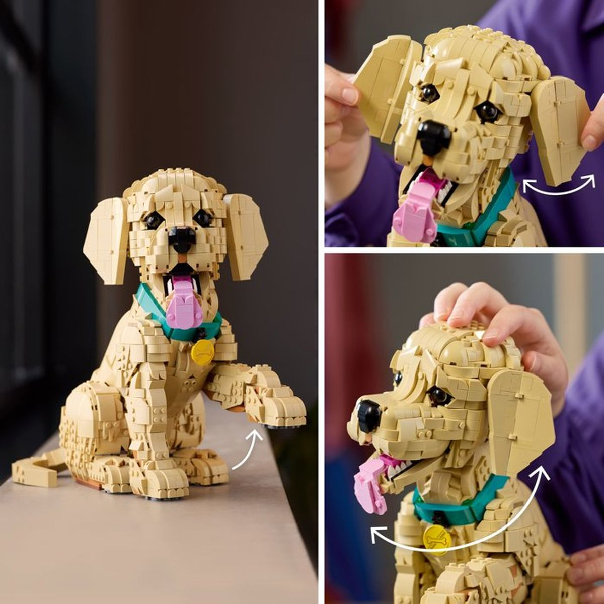 Model Golden Retrievera z LEGO z ruchomymi uszami i łapami.