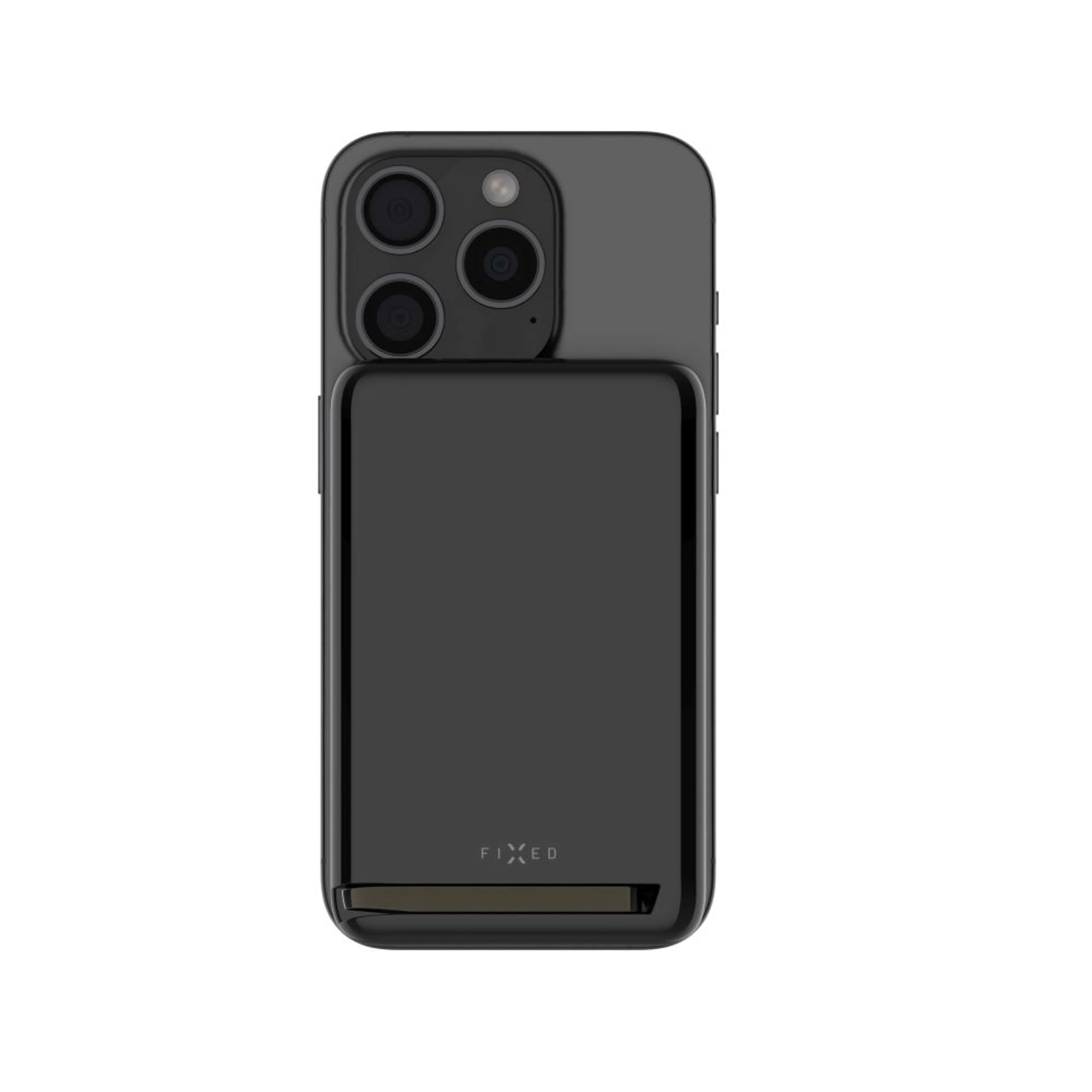 Ein schwarzes Smartphone mit drei Kameras und einem daran befestigten schwarzen Zubehör.