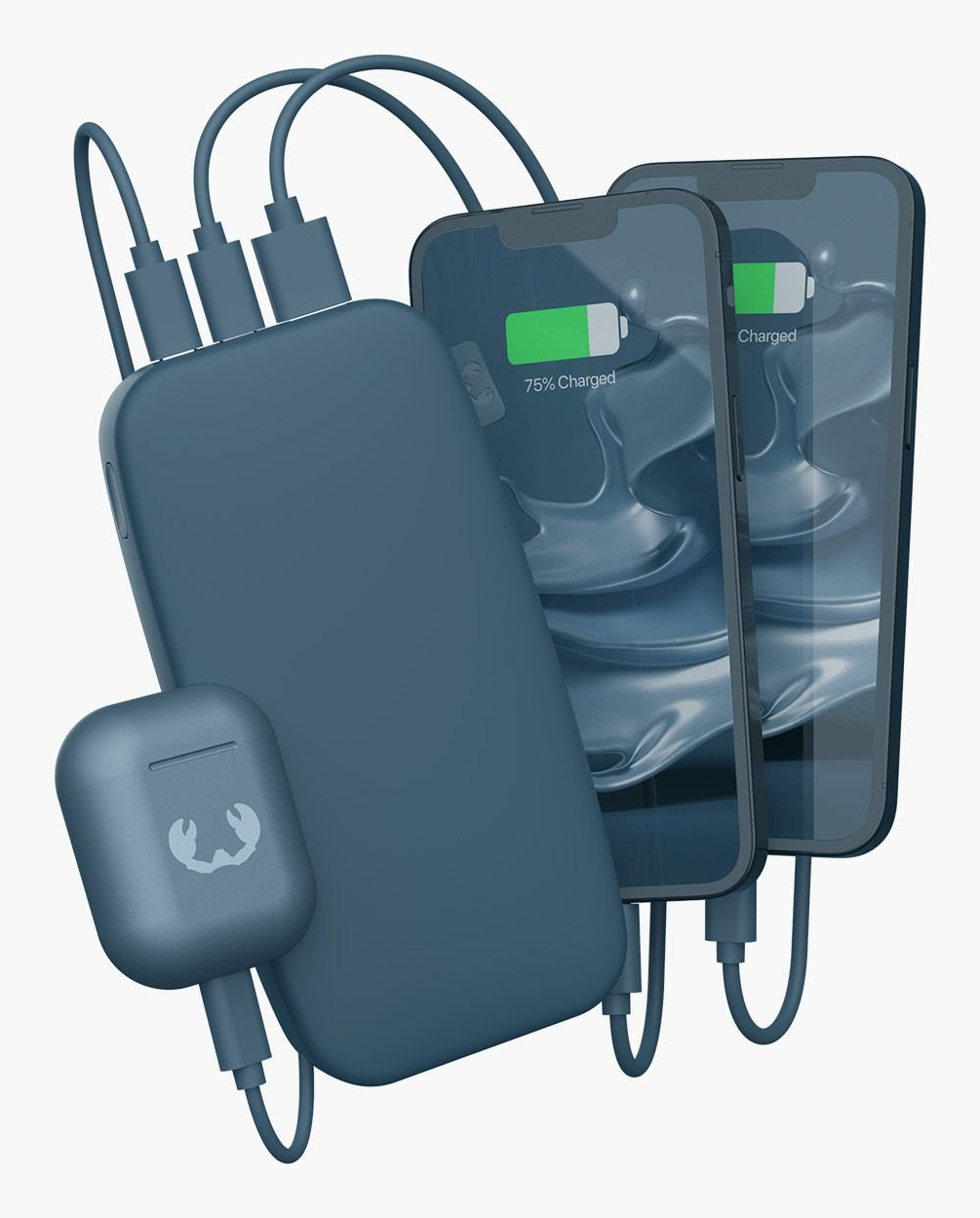 Een blauwe powerbank laadt twee iPhones en een oordopjes op.