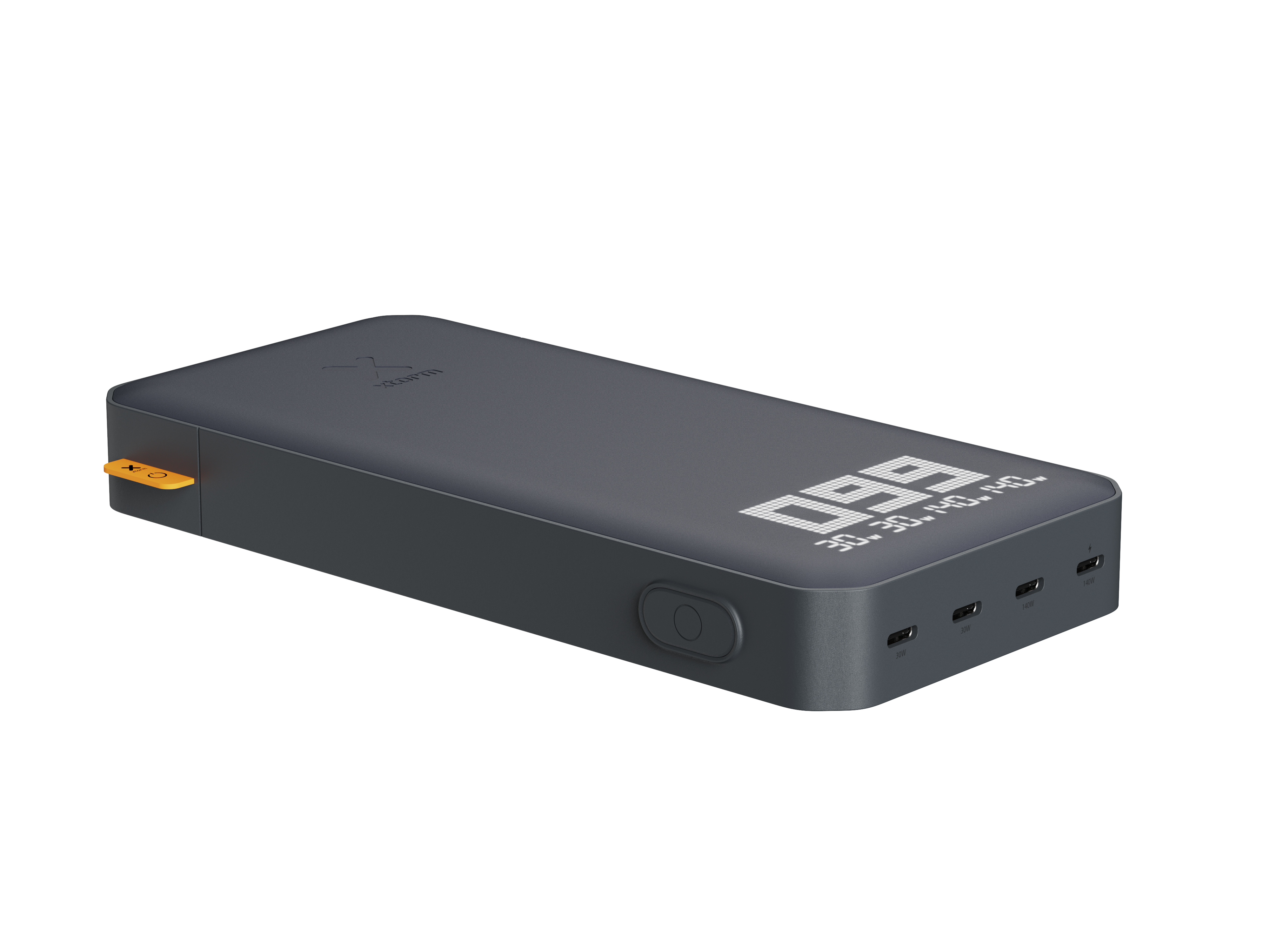 Dunkelgraues Powerbank mit digitaler Anzeige, USB-C-Anschlüssen und gelbem Schieberegler.