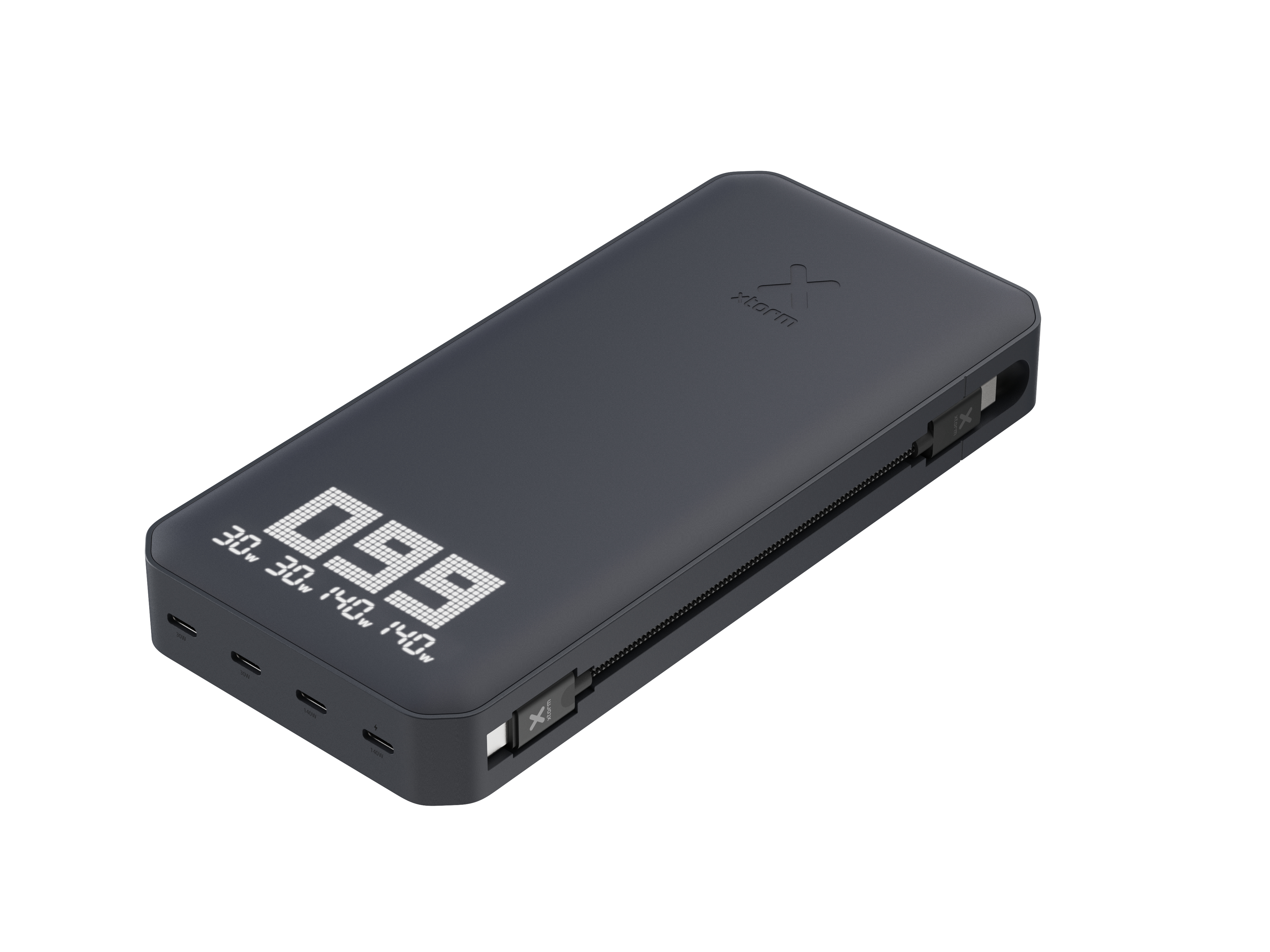Dunkelgraues Xtorm Powerbank mit digitaler Anzeige und USB-C-Anschlüssen.