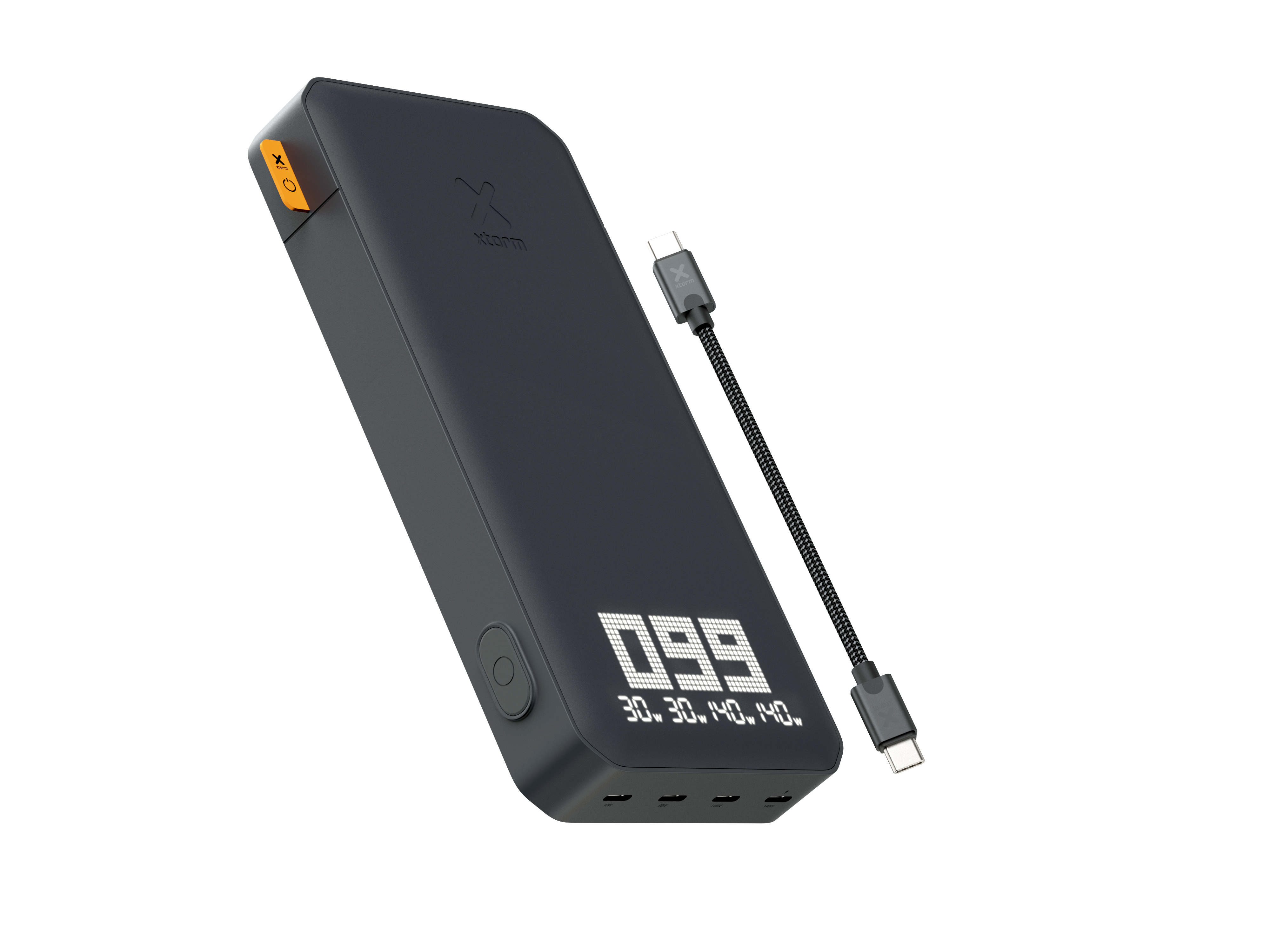 Dunkelgraues Powerbank mit Digitalanzeige und USB-C-Kabel.