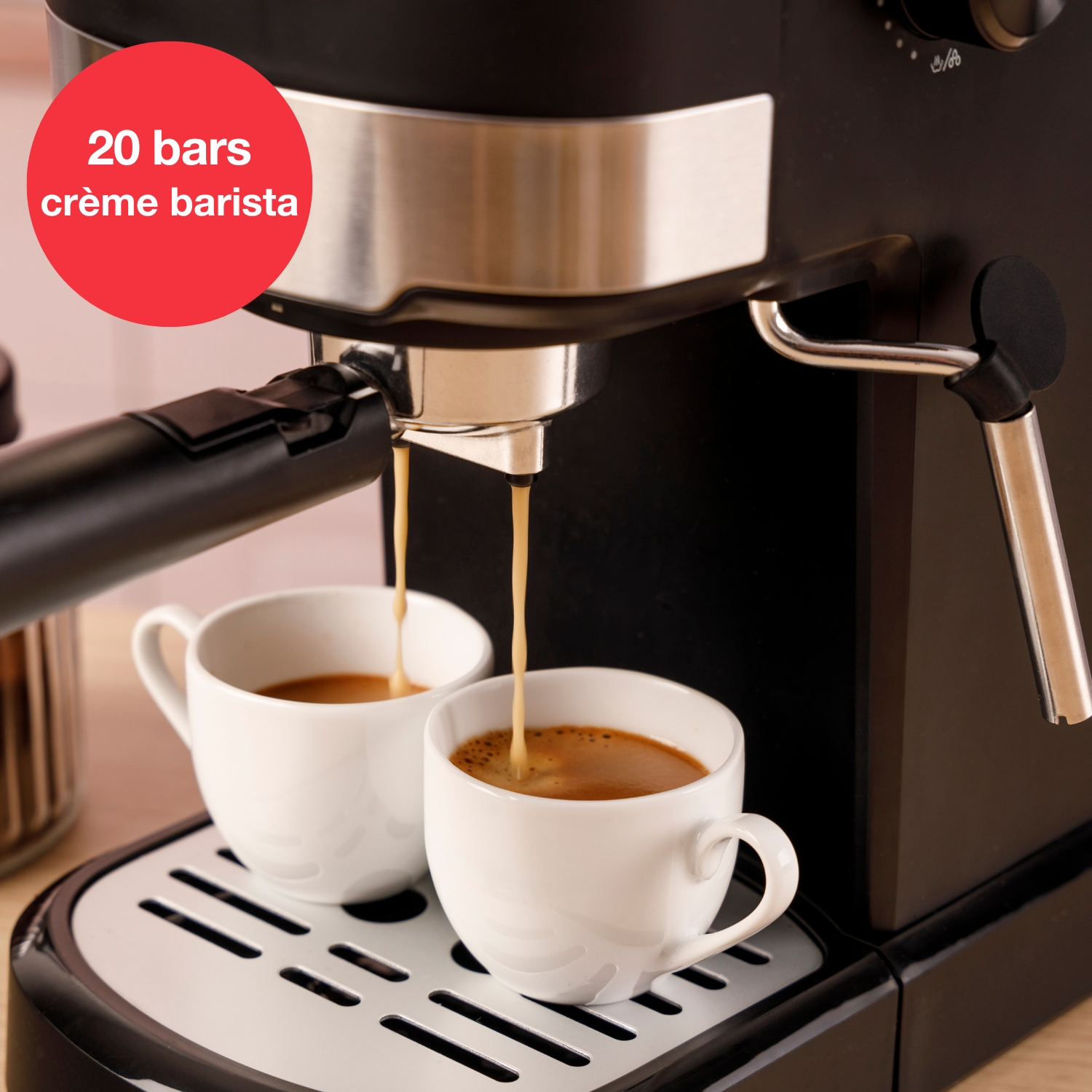 Máquina de espresso preparando café en dos tazas blancas. Círculo rojo dice '20 bares crème barista'.