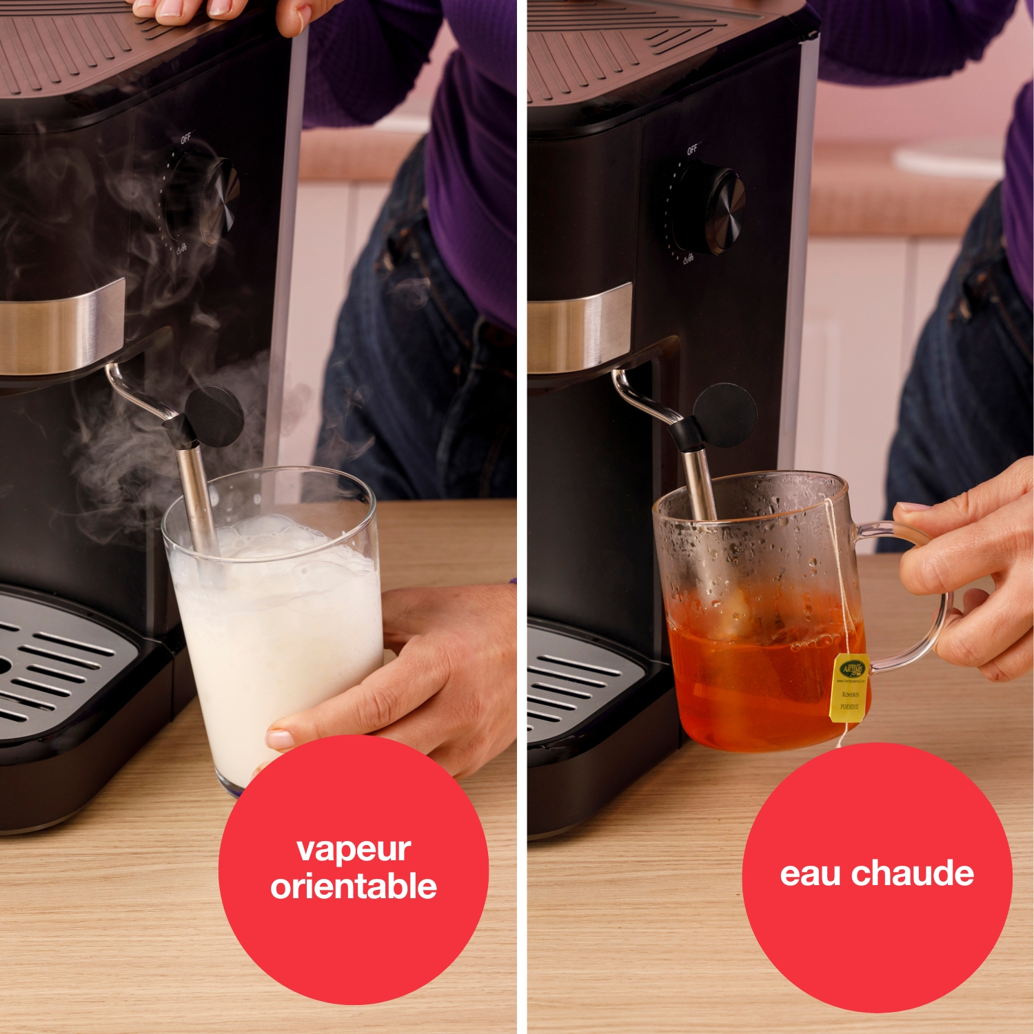 Una cafetera produce vapor en leche y agua caliente en té.