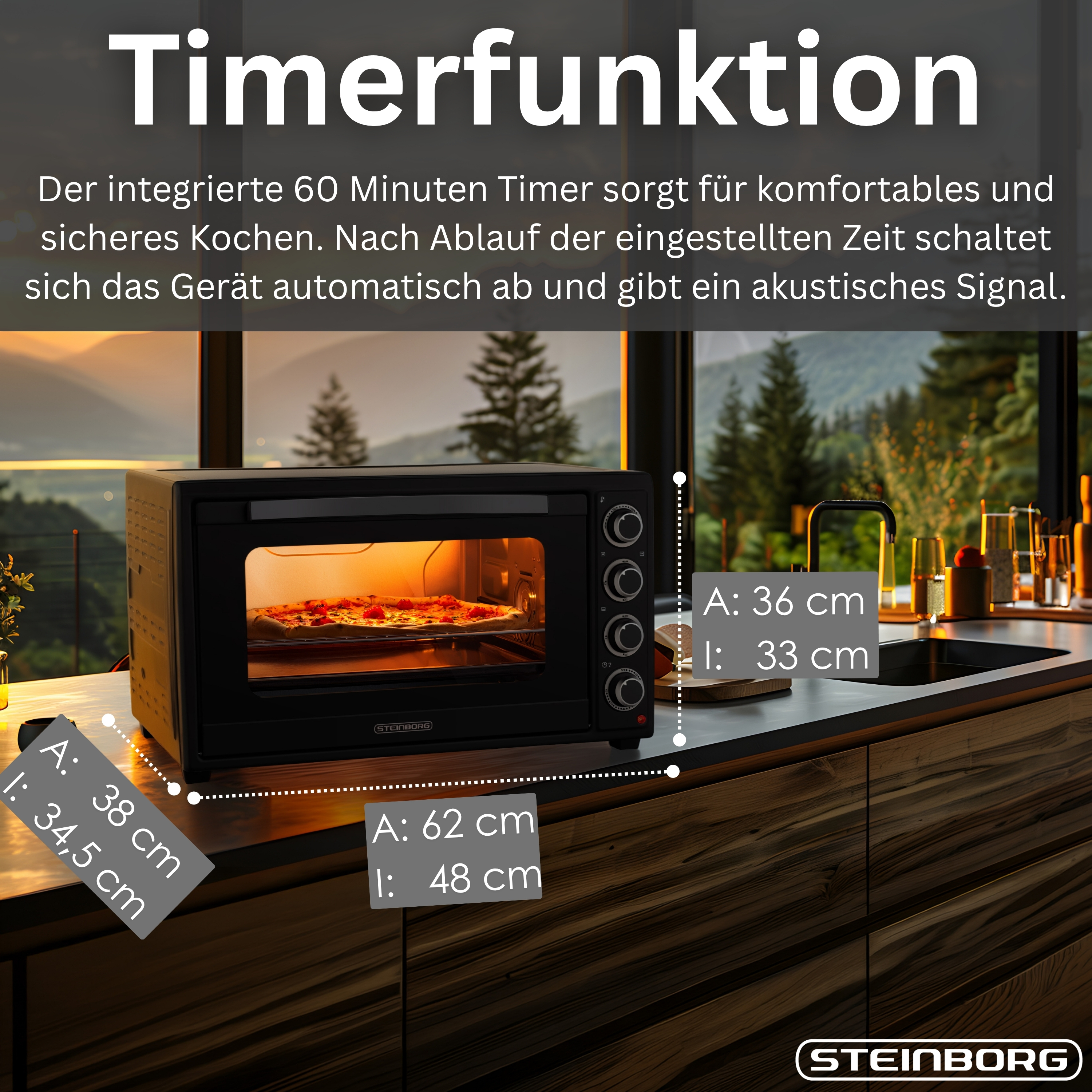 Ein schwarzer Steinborg Ofen mit Pizza im Inneren, Maße sind angegeben.