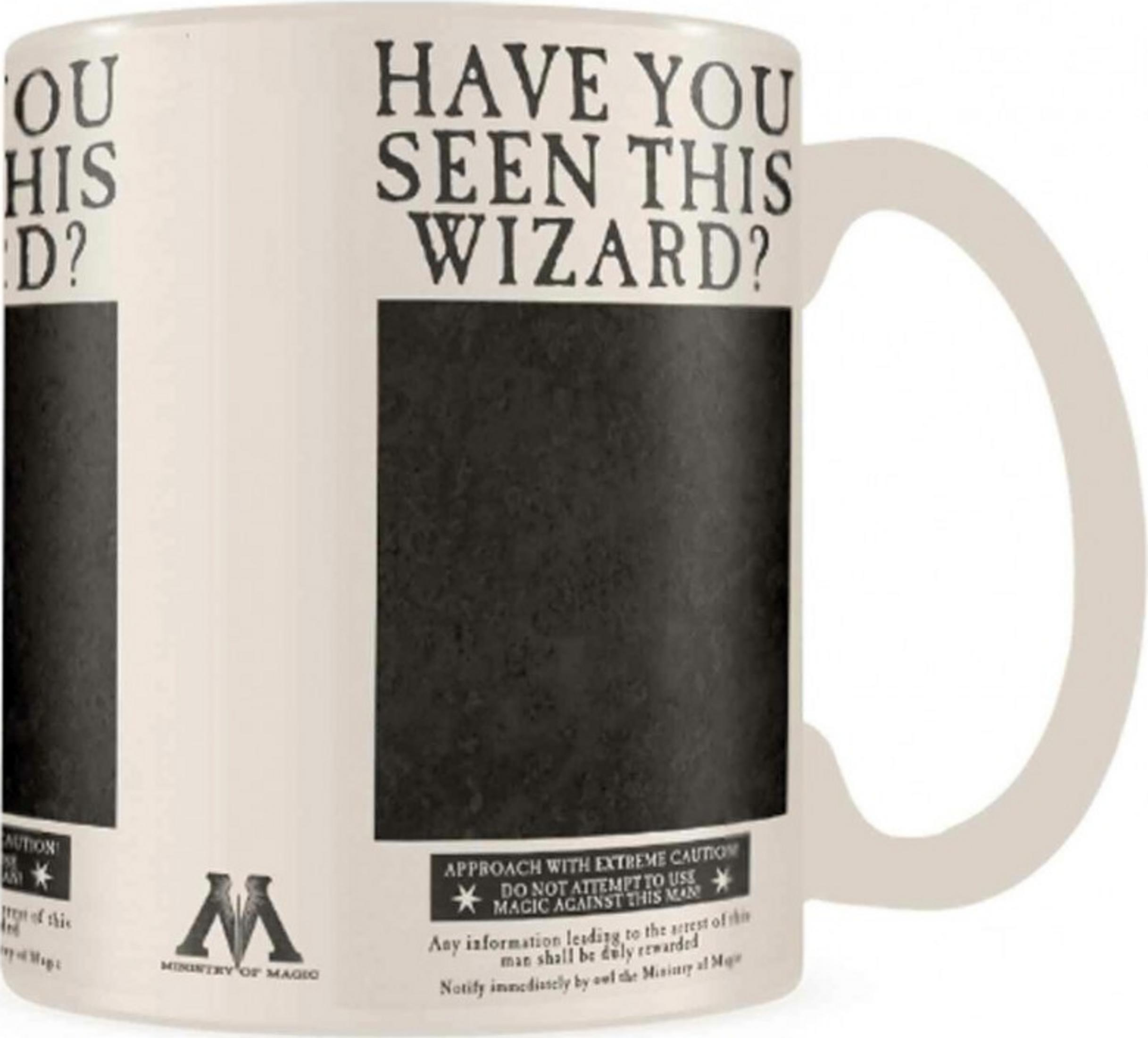 Una taza blanca con texto negro: 'HAVE YOU SEEN THIS WIZARD?' y logo del Ministerio de Magia.