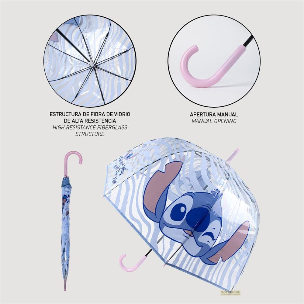Un paraguas transparente con diseño de Stitch, abierto y cerrado.