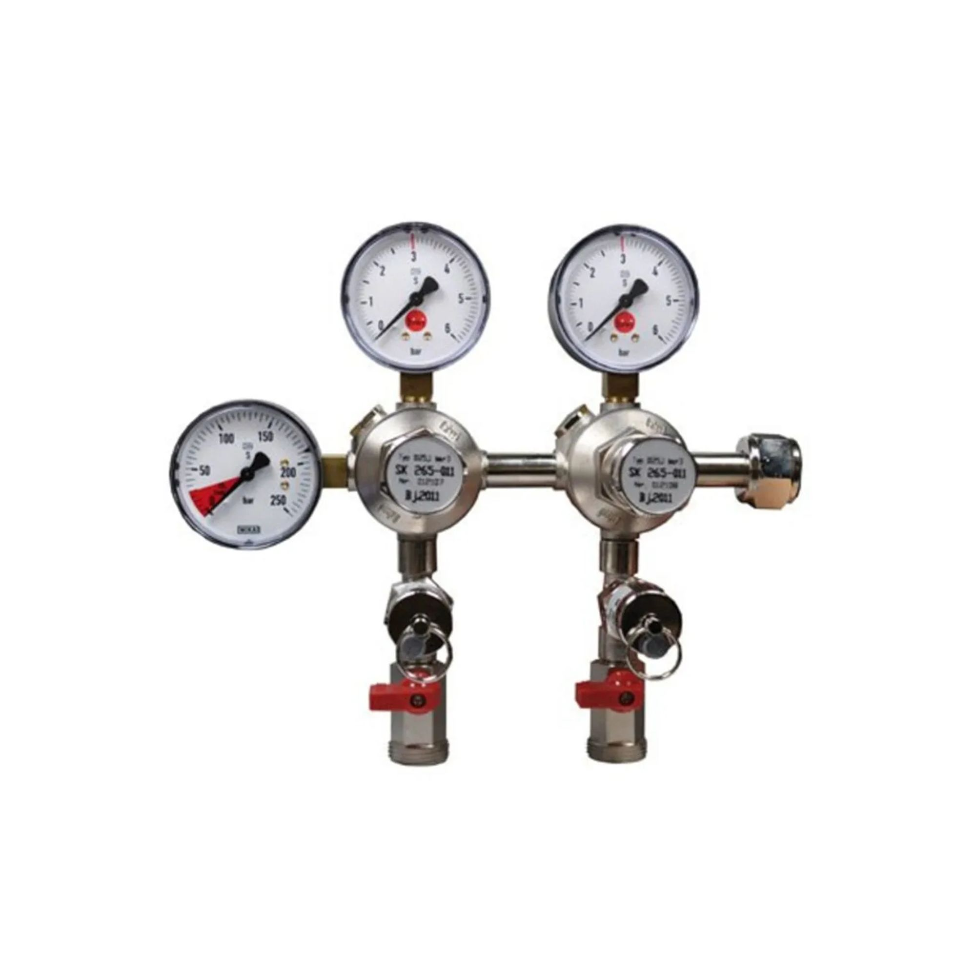 Three gauges, two valves, and metal pipes are mounted on a white background.