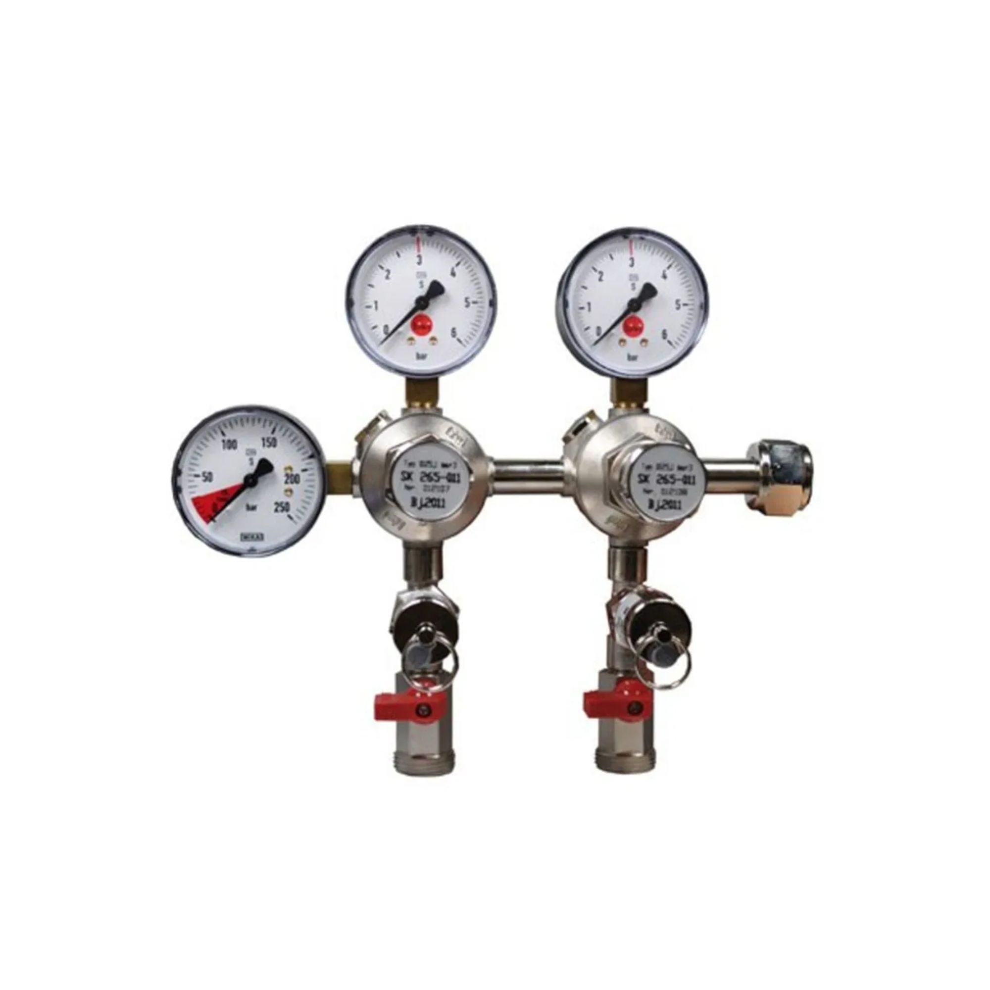 Silver pressure regulator with three gauges and red valves.