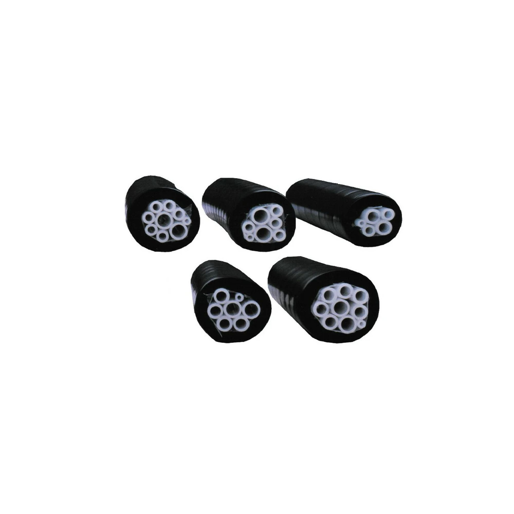 Five black tubes showing white inner tubes, on a white background.