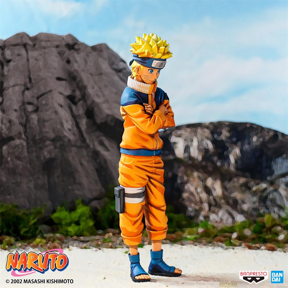 Naruto-Figur steht mit verschränkten Armen vor einer felsigen Landschaft und blauem Himmel.