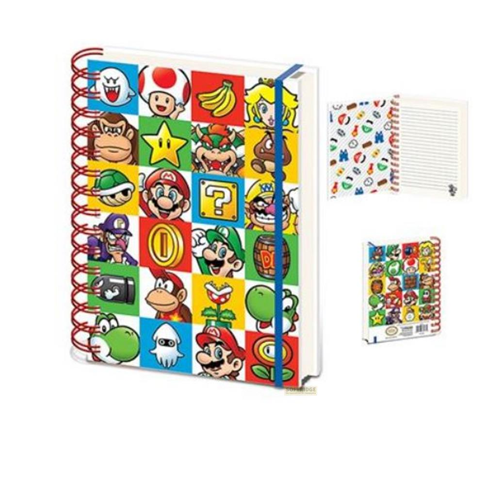 Notizbuch mit Mario-Motiven, auf der Vorderseite viele Charaktere auf kariertem Hintergrund.
