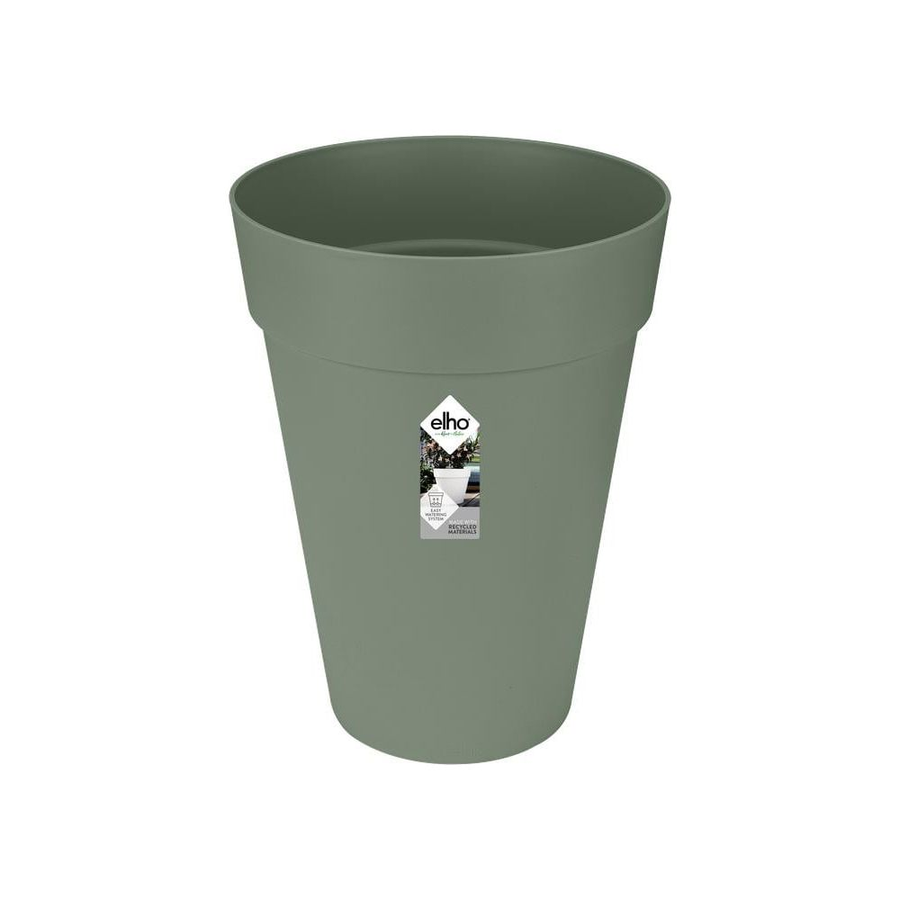Ein grauer, konischer Blumentopf mit einem Elho-Logo und Hinweisen auf recycelte Materialien.