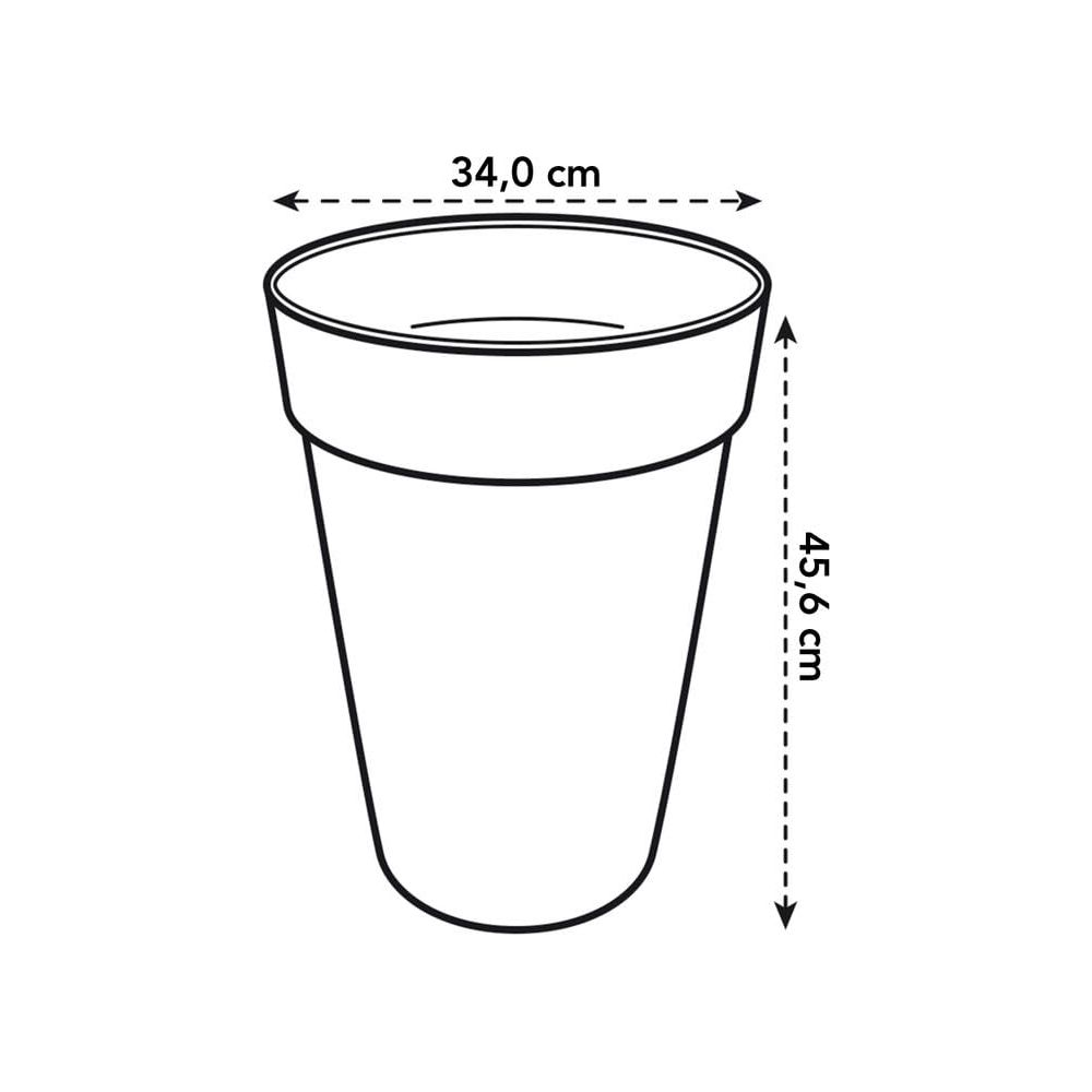 Umriss eines zylindrischen Behälters mit Maßen: 34 cm Durchmesser, 45,6 cm Höhe.