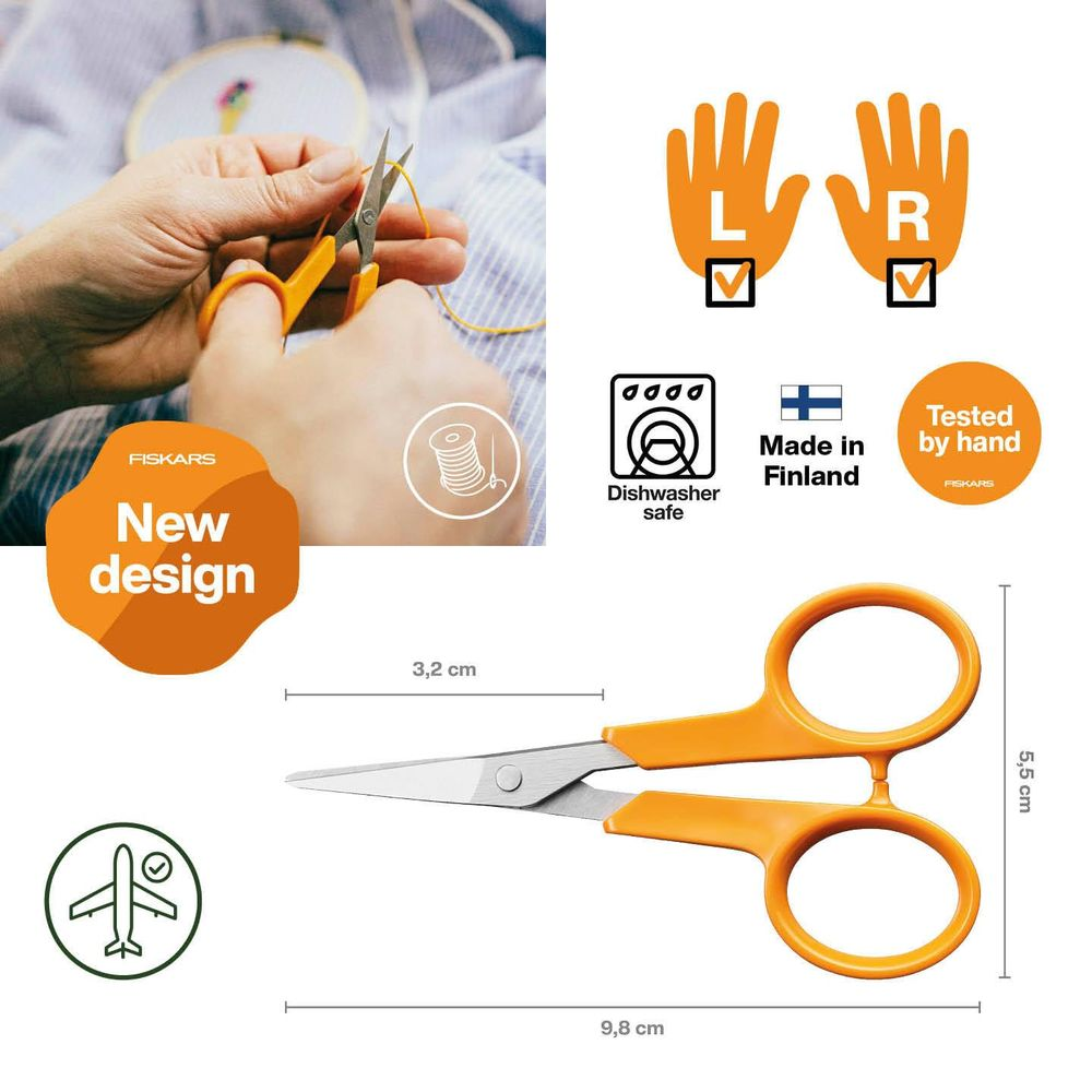 Orange Fiskars-schere mit Maßen, Spülmaschinen-sicher, Made in Finnland.