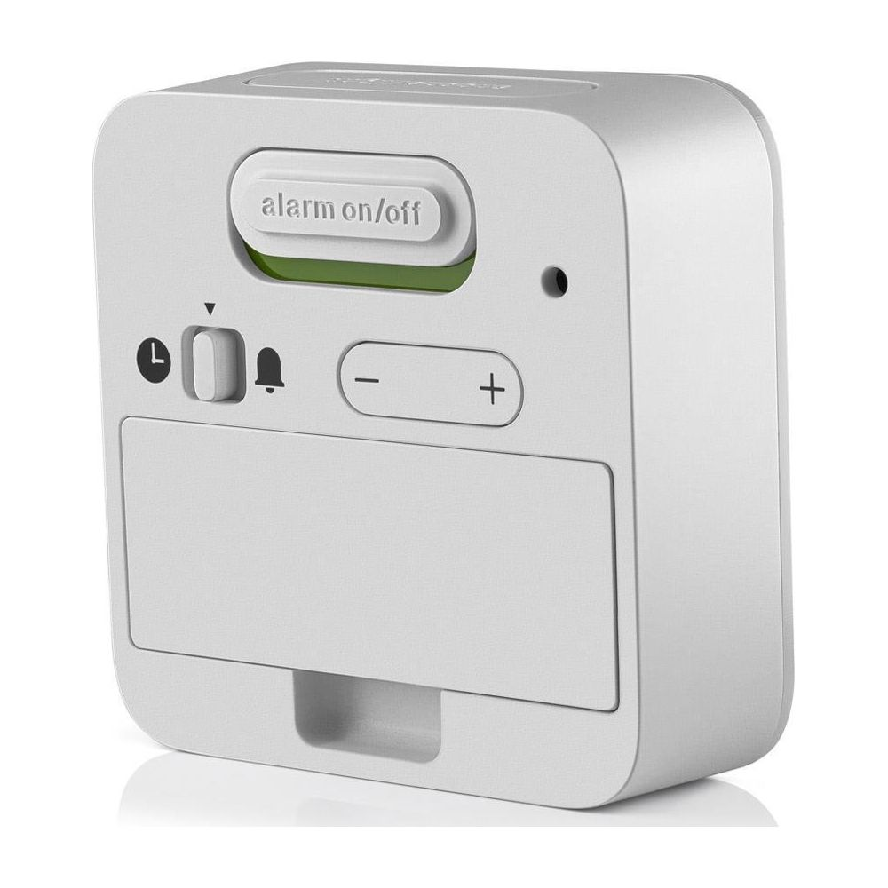 Réveil cube blanc avec bouton marche/arrêt de l'alarme, icônes de volume et boutons +/-.