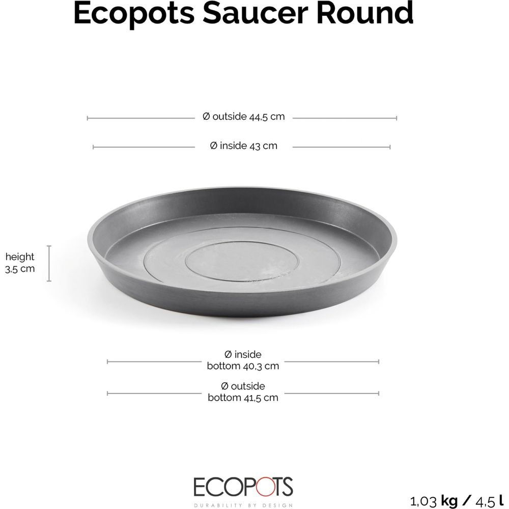 Sottovaso rotondo Ecopots grigio, altezza 3,5cm, Ø 44,5cm esterno, 43cm interno.
