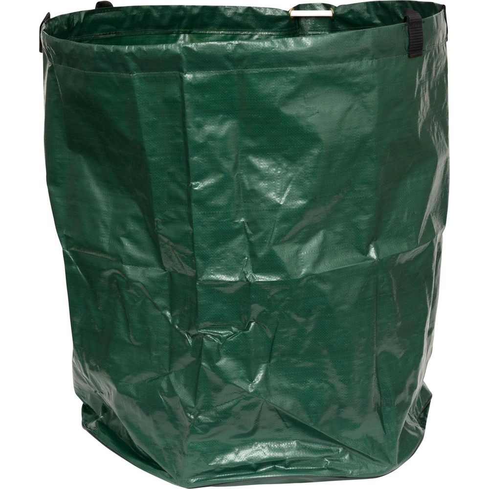 Ein grüner, leerer Gartensack aus strapazierfähigem Material mit Henkeln.