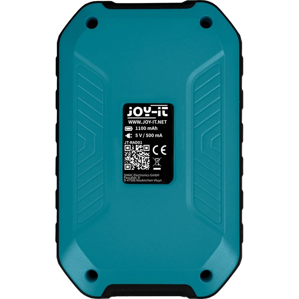 Rückseite eines türkisfarbenen Geräts mit Aufkleber: JOY-IT, 1100 mAh, 5V/500mA, CE-Zeichen.