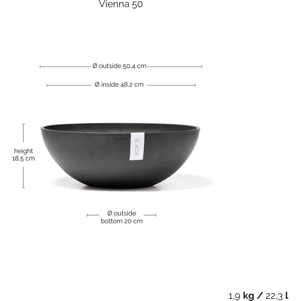 Jardinière ronde noire (H:18,5cm, Ø 50,4cm) avec dimensions et poids.
