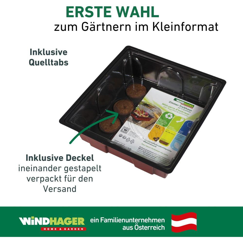 Anzuchtschale mit 12 Quelltabletten, Deckel und Anleitung. Zum Pflanzenstart.