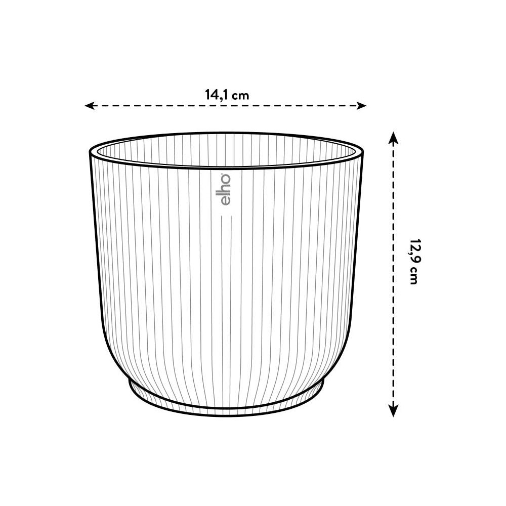 Line drawing of a ribbed planter, 14.1cm wide and 12.9cm tall.