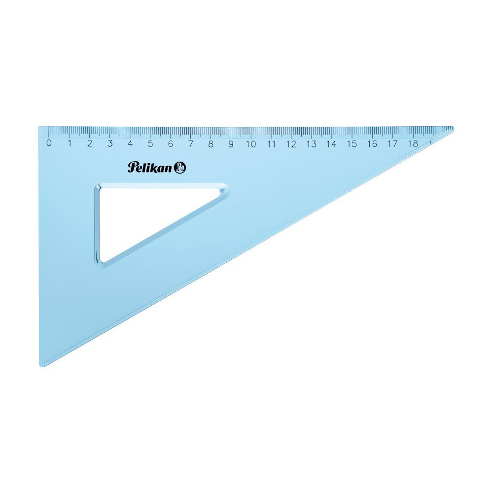 Un righello a triangolo azzurro con scala da 0 a 18 cm.