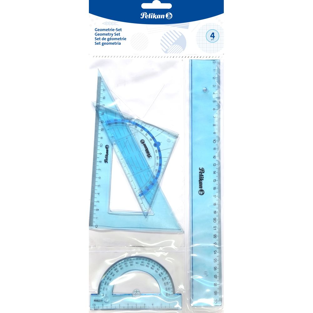 Un set di geometria blu con righello, squadra e goniometro.