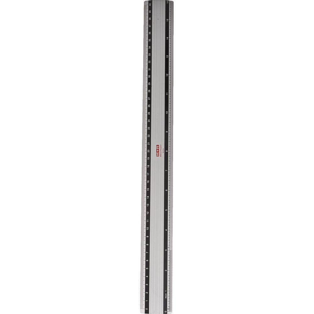Eine silberne Lineal mit Zentimeter- und Zollmarkierungen und einem Logo.
