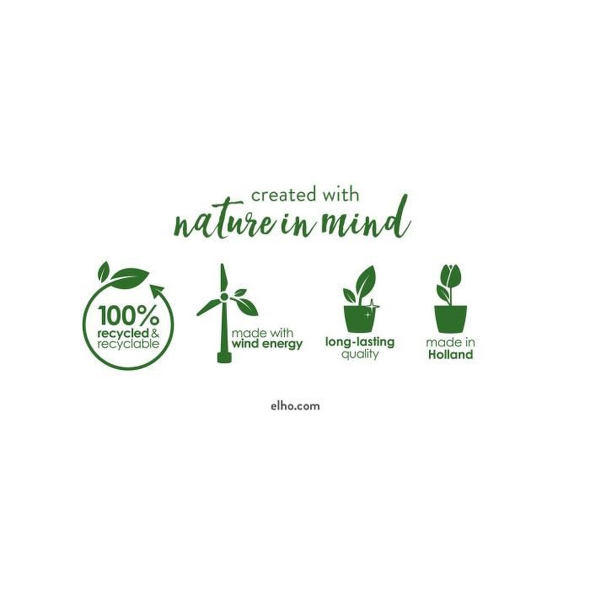 Logo mit Text: 'created with nature in mind', 100% recycelt & recycelbar, Windrad, Pflanze, Made in Holland.