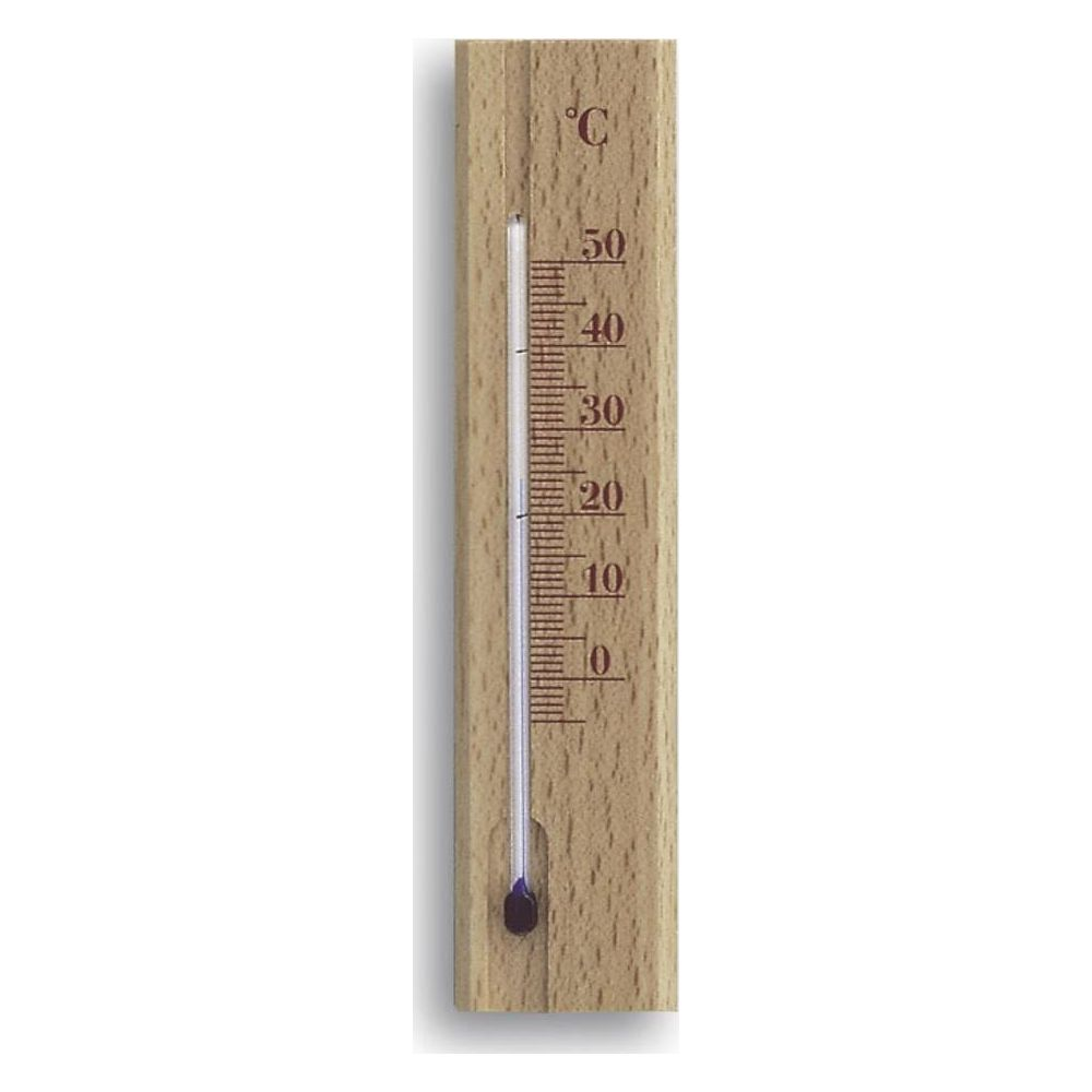 Ein Holzthermometer mit einer Skala von 0-50 Grad Celsius und dunkelblauem Flüssigkeitsstand.