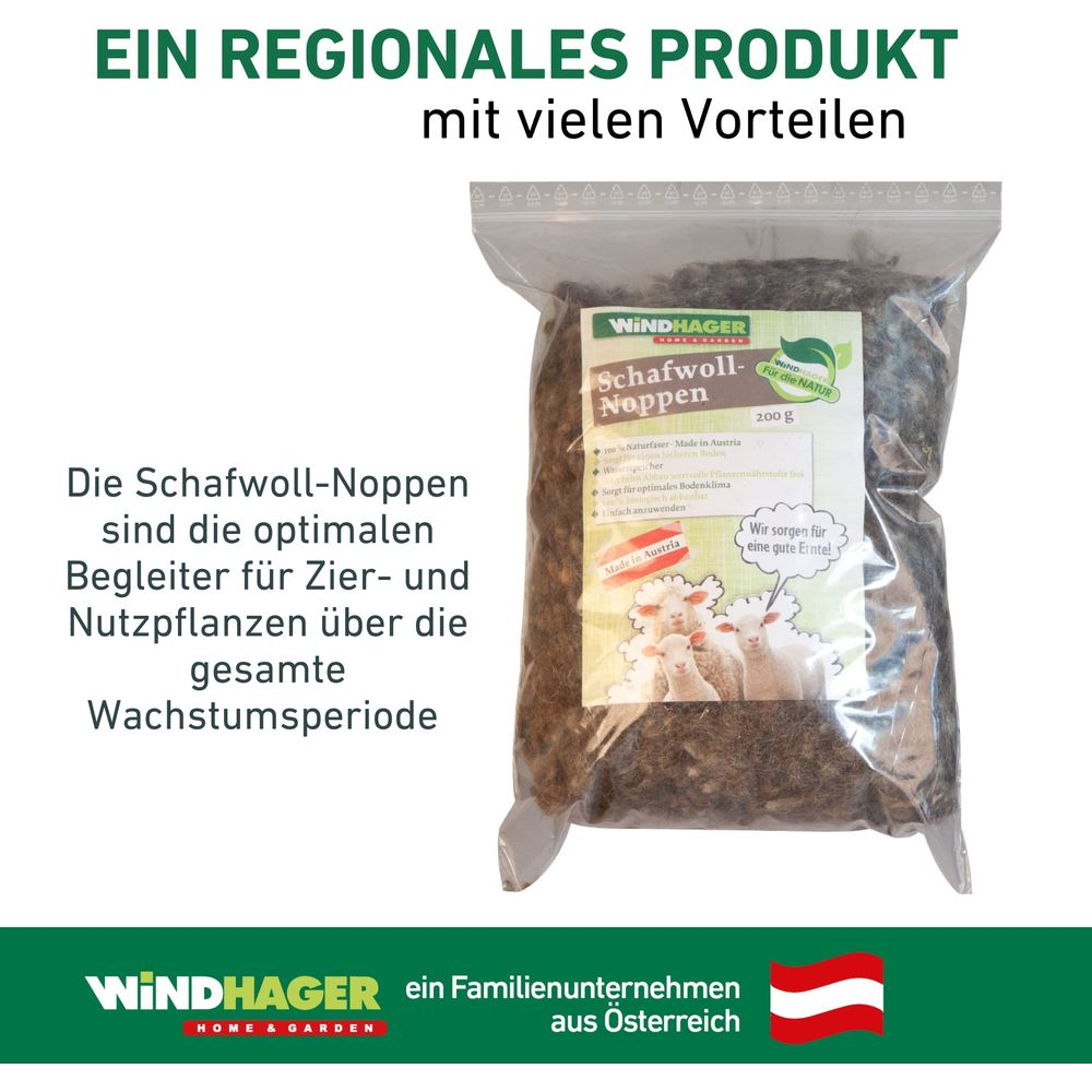 Eine Tüte Schafwoll-Noppen für Pflanzen, mit Text und Schafen auf dem Etikett.