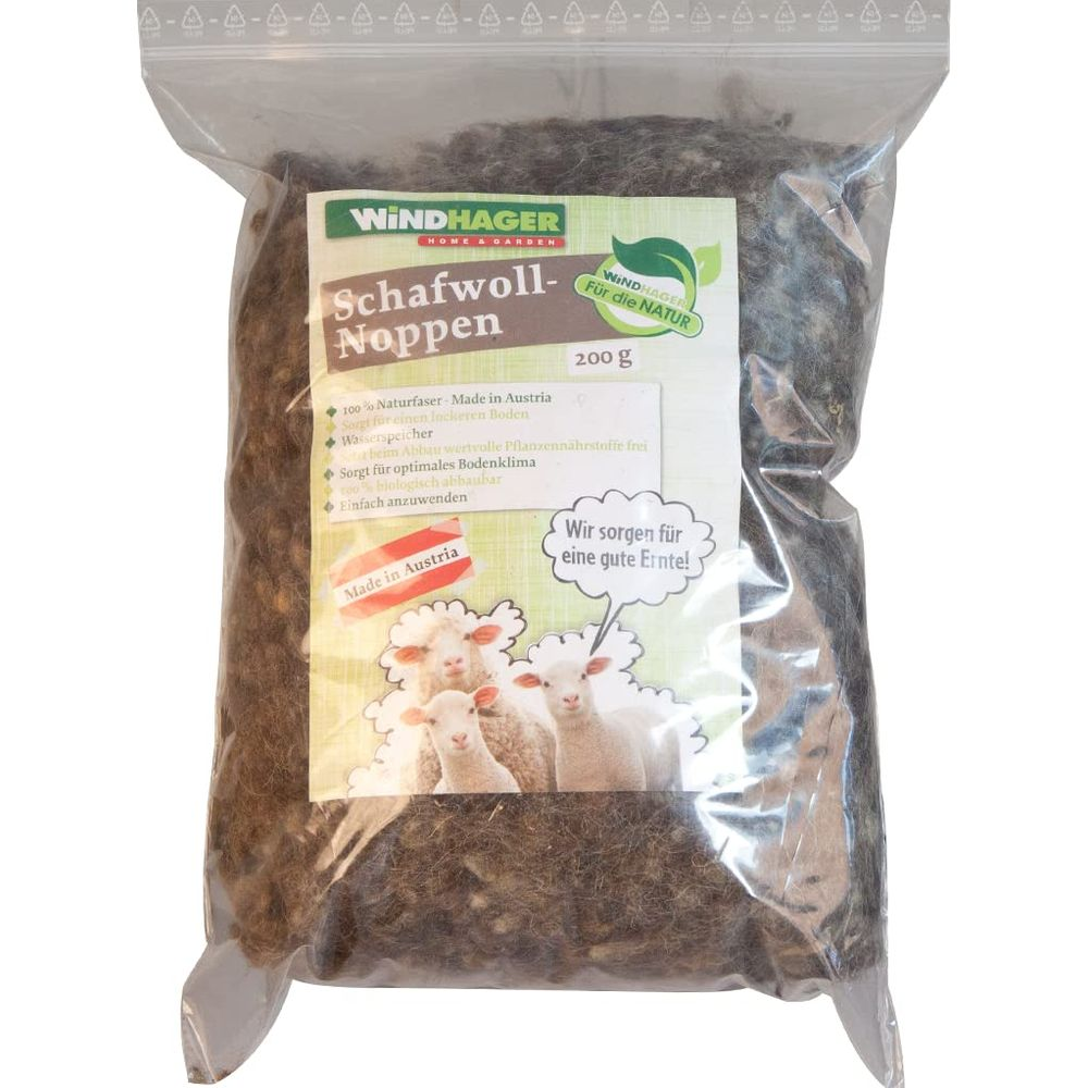 Eine Packung Schafwoll-Noppen, 200g, mit Illustration von Schafen.