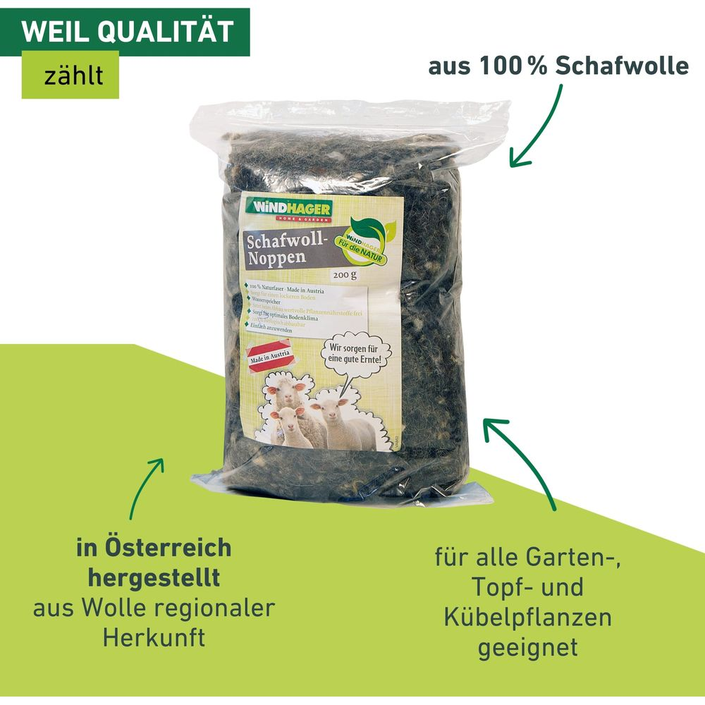 Verpackung mit Schafwoll-Noppen, 200g, aus 100% Schafwolle, in Österreich hergestellt.