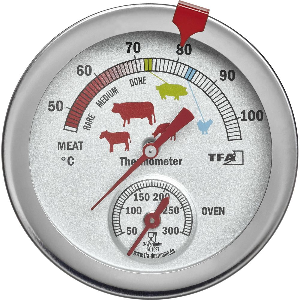 Un thermomètre à viande avec deux échelles et des images de figurines d'animaux.