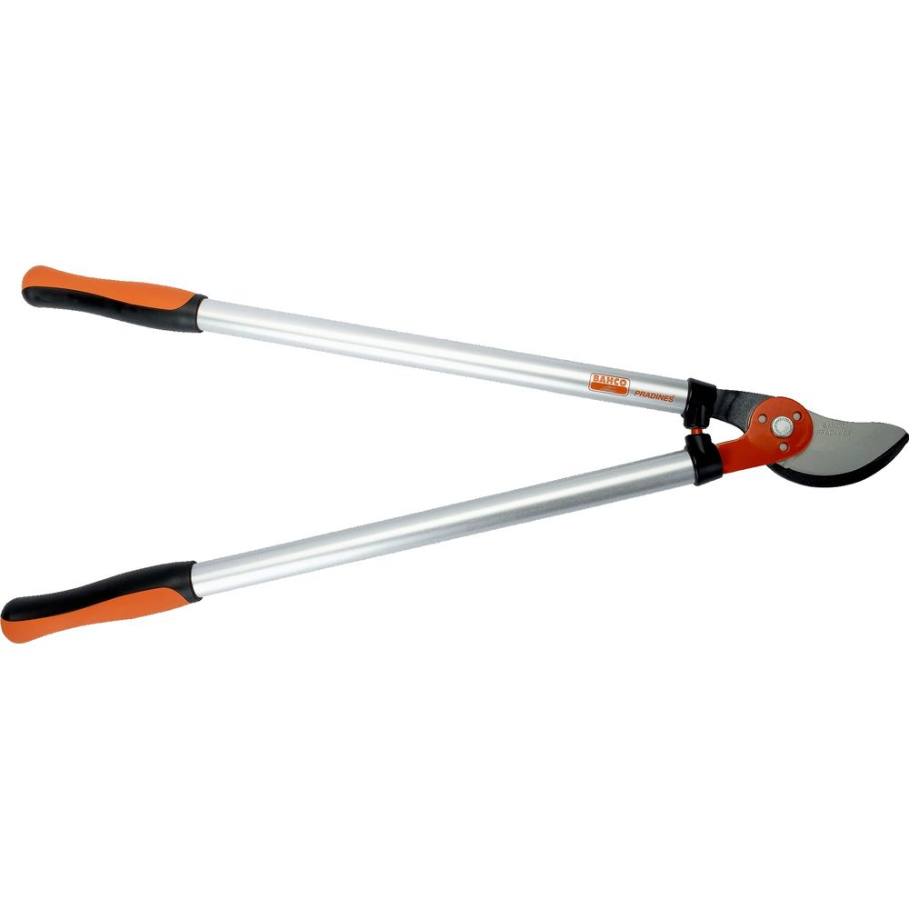 Eine Gartenschere mit langen silbernen Griffen und orangen Enden.