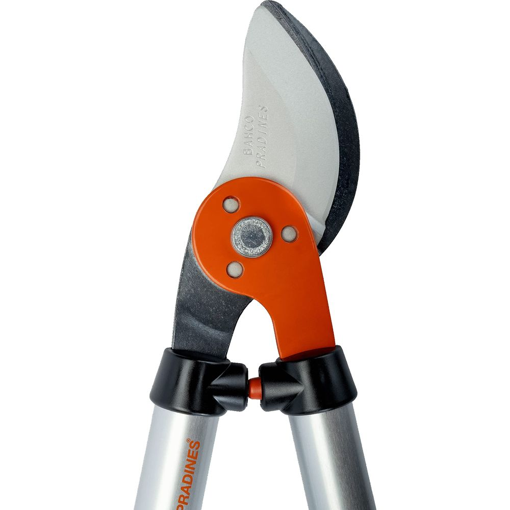 Nahaufnahme einer orange-silbernen Gartenschere mit scharfen Klingen.