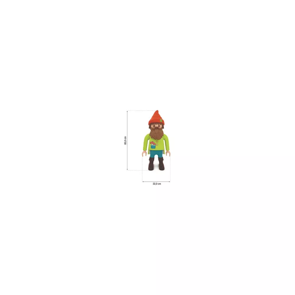 Eine Spielzeugfigur eines Gnoms mit Bart, rotem Hut, grünem Hemd und blauer Hose.