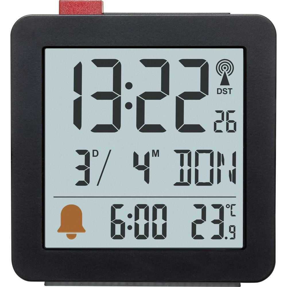 Horloge numérique affiche 13:22, date 3/4, alarme 6:00 et 23.9 degrés.