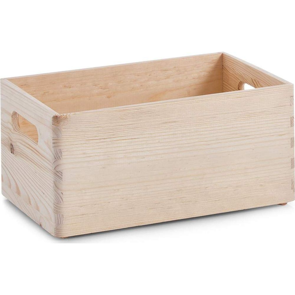 Eine helle Holzkiste mit Griffen an den Seiten, offen nach oben.