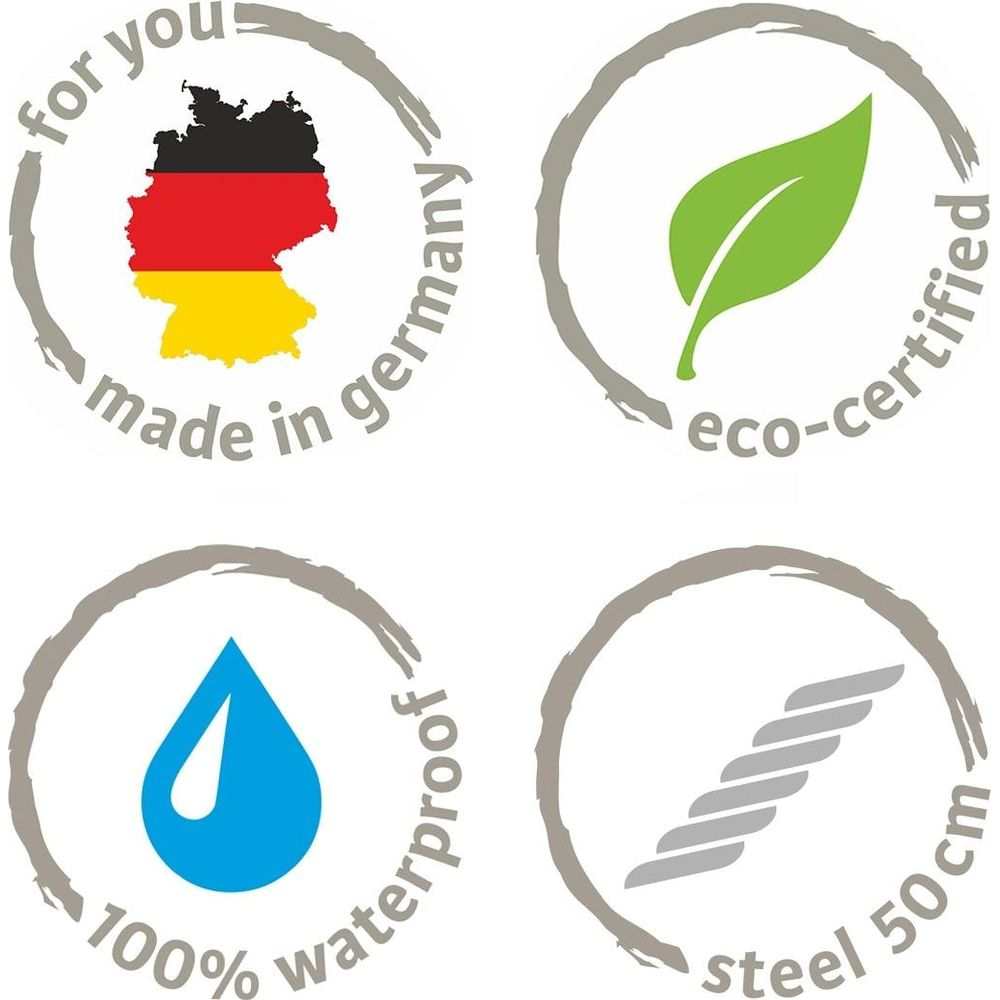 Quattro sigilli: Made in Germany, Eco-certificato, 100% impermeabile, Acciaio 50cm.