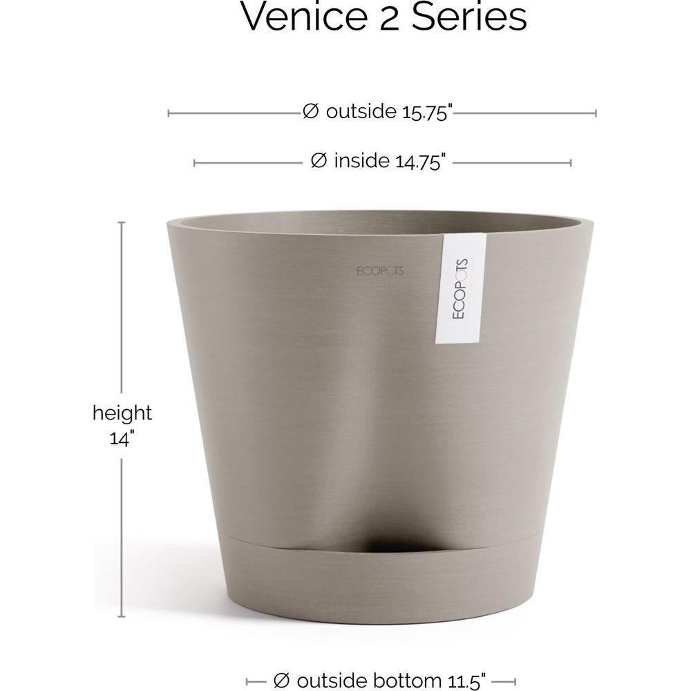 Grauer Blumentopf der Serie Venice 2, Höhe 14 Zoll, Außendurchmesser 15,75 Zoll.