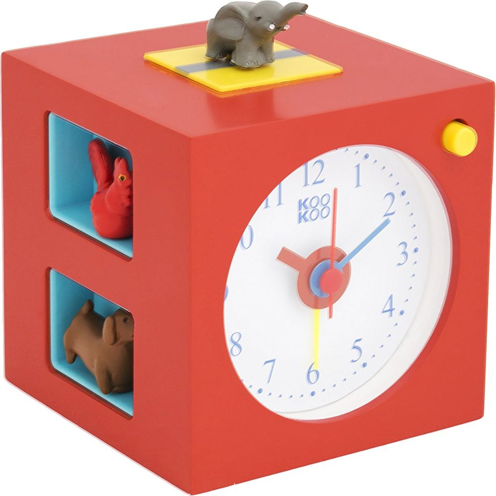 Rote Würfeluhr mit Elefant, Eichhörnchen und Hund. Zeigt 12:07 an.