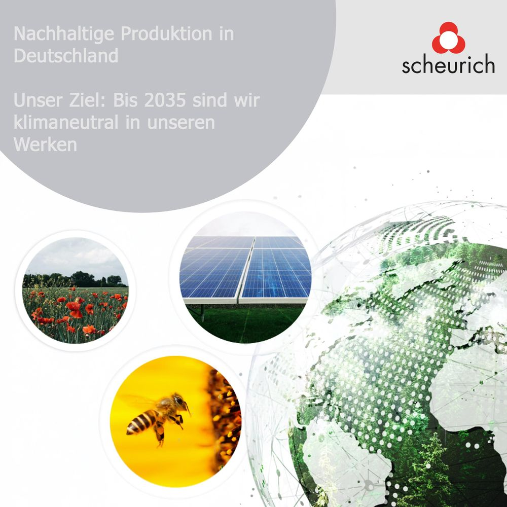 Nachhaltige Produktion in Deutschland: Ziel 2035 Klimaneutralität. Beinhaltet Mohnfeld, Solarpanels, Biene.