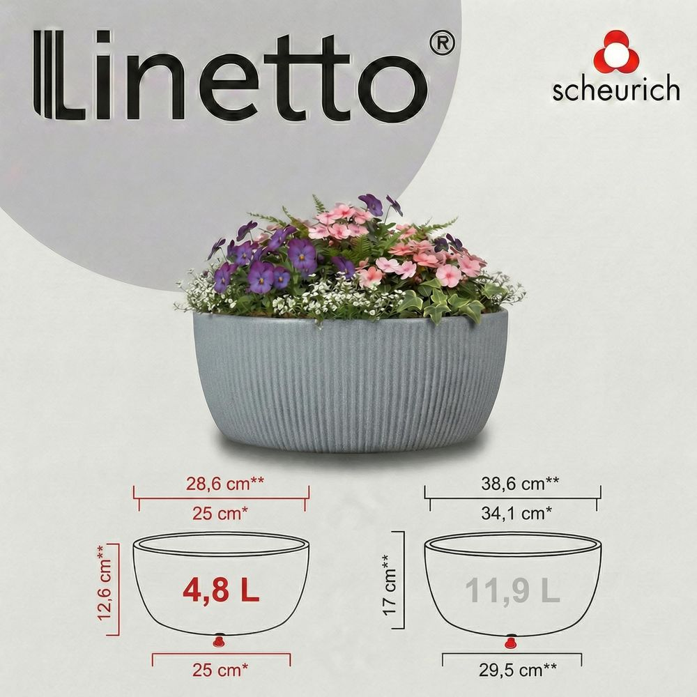 Grauer Blumentopf mit bunten Blumen, Maße und Logos oben.
