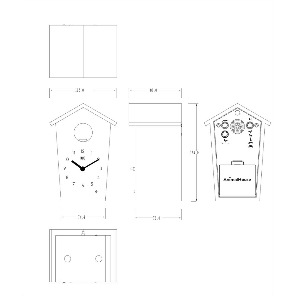 Dessins techniques d'une horloge en forme de nichoir avec dimensions.