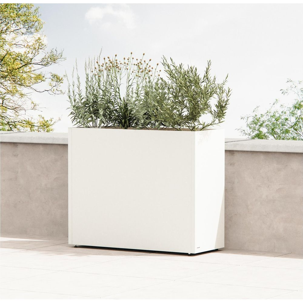 Ein weißer rechteckiger Blumenkasten mit grünen Pflanzen auf einer Terrasse.