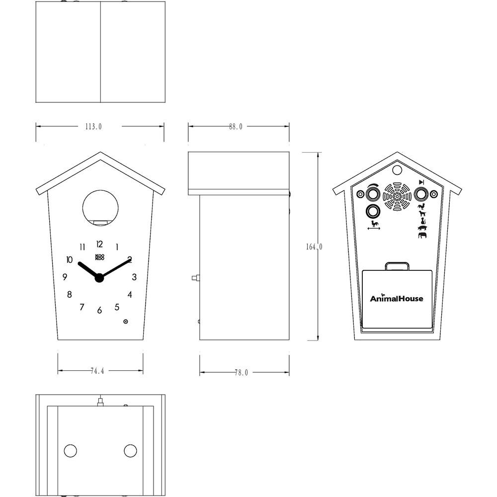 Dessin technique d'un coucou avec dimensions et détails.