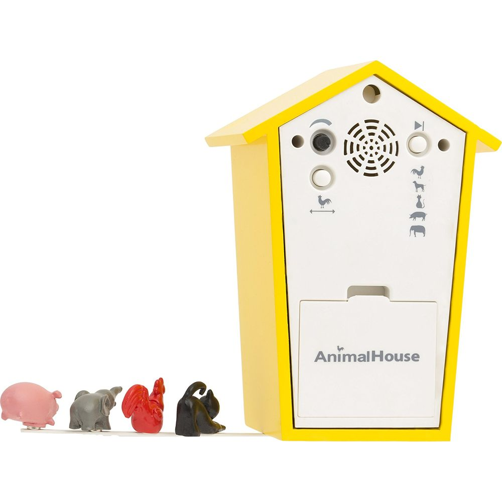 Nichoir jaune avec jouets d'animaux : cochon, éléphant, oiseau, chat.